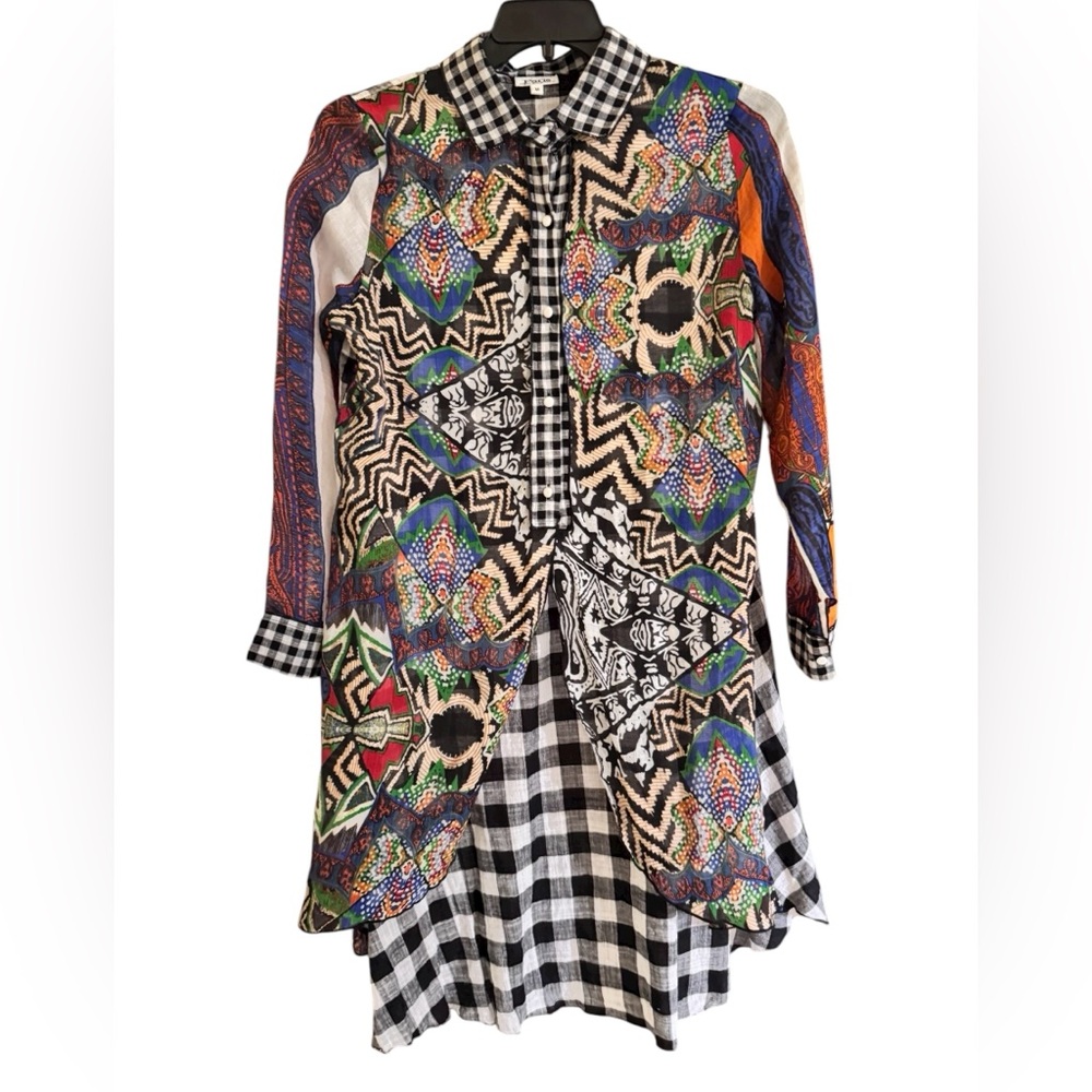 Paris Mixed Media Multicolor Abstract Long Sleeve Patterned HiLo Shirt Dress